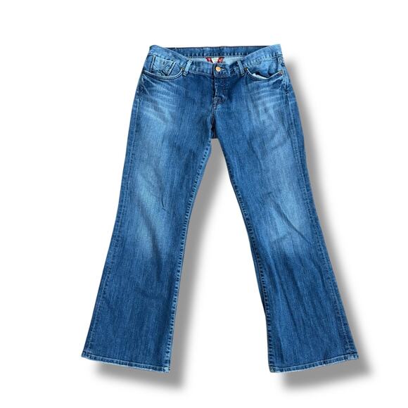 Vintage 90s Lucky Brand Size 31 Blue Denim Low Rise Bootcut Wide Leg Jeans - USA - Picture 1 of 7